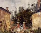 尤金 布丹 : Madame S with Her Children in Their Garden at Trouville